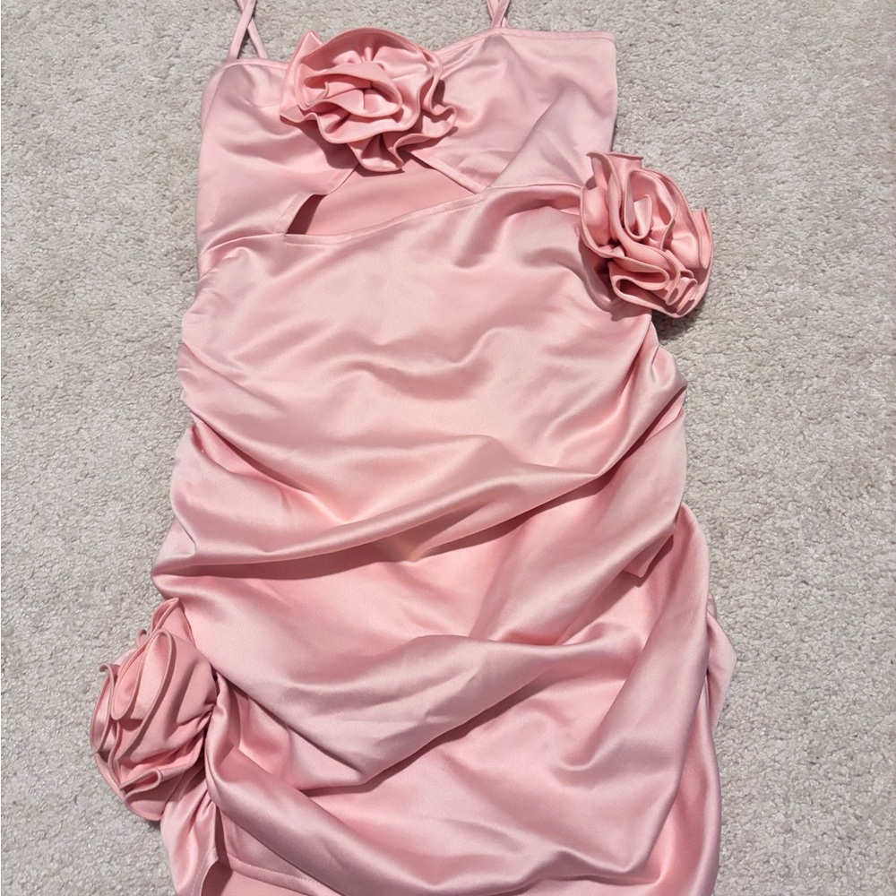 Elegant Pink Satin Dress with Floral Accents